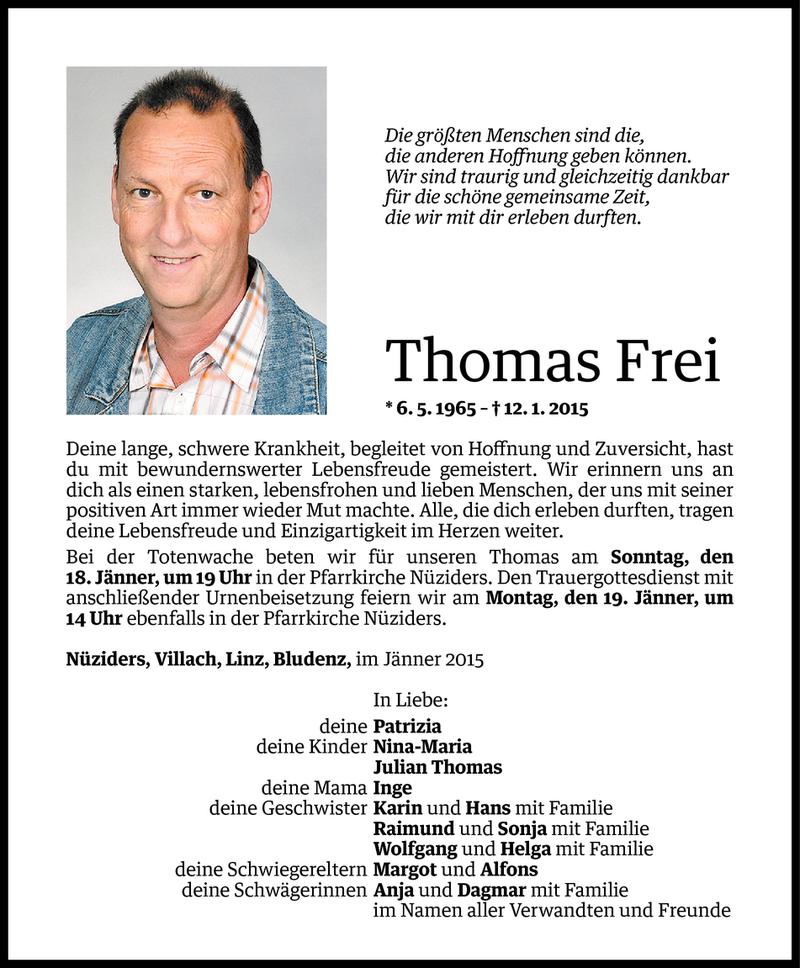  Todesanzeige für Thomas Frei vom 17.01.2015 aus Vorarlberger Nachrichten