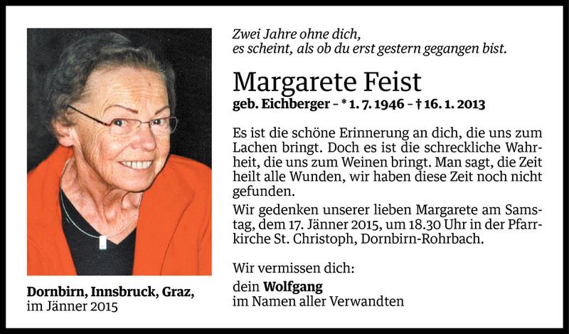  Todesanzeige für Margarete Feist vom 15.01.2015 aus Vorarlberger Nachrichten