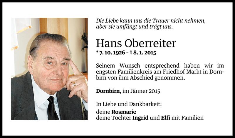  Todesanzeige für Hans Oberreiter vom 17.01.2015 aus Vorarlberger Nachrichten