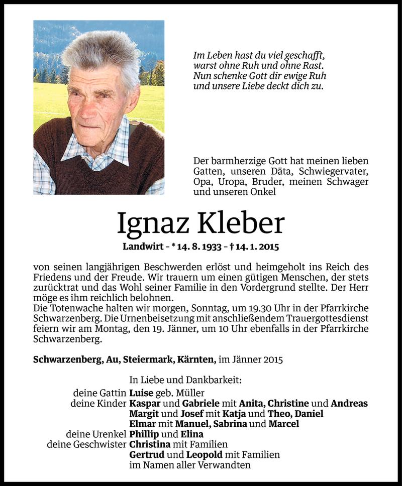  Todesanzeige für Ignaz Kleber vom 16.01.2015 aus Vorarlberger Nachrichten