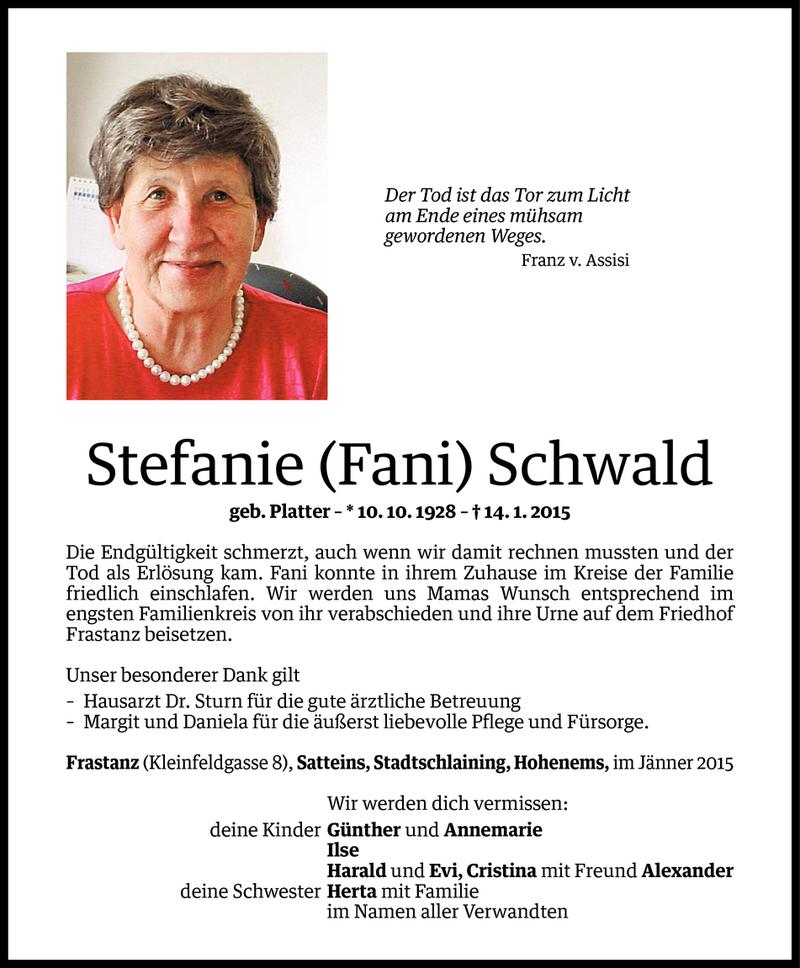  Todesanzeige für Stefanie Schwald vom 17.01.2015 aus Vorarlberger Nachrichten