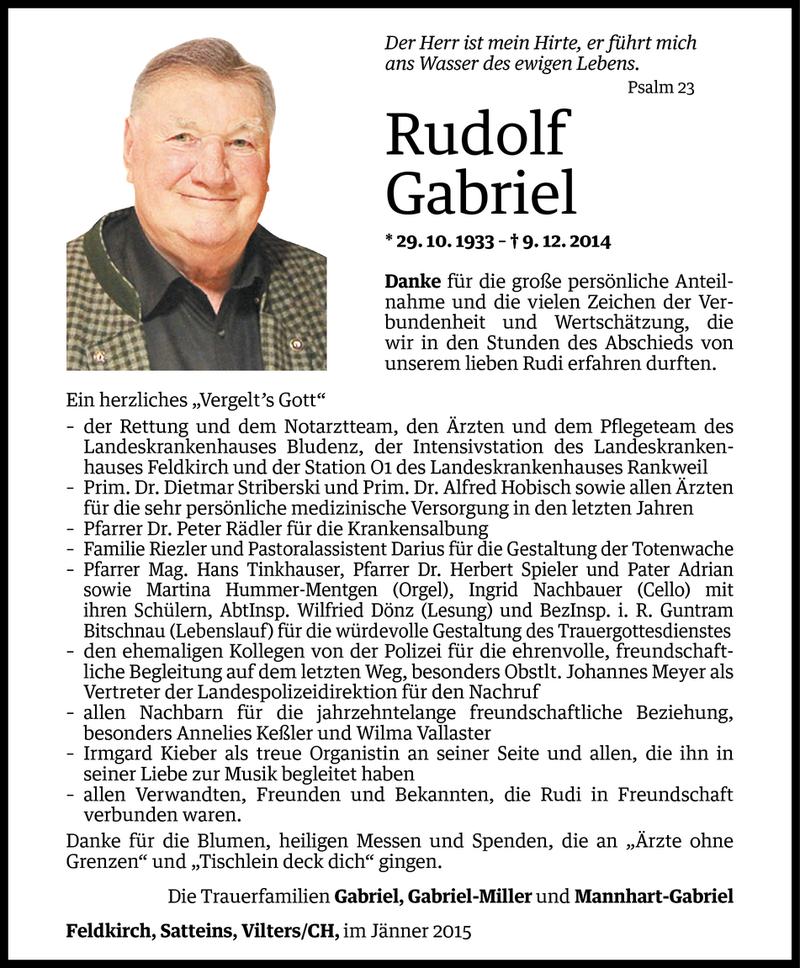  Todesanzeige für Rudolf Gabriel vom 16.01.2015 aus Vorarlberger Nachrichten