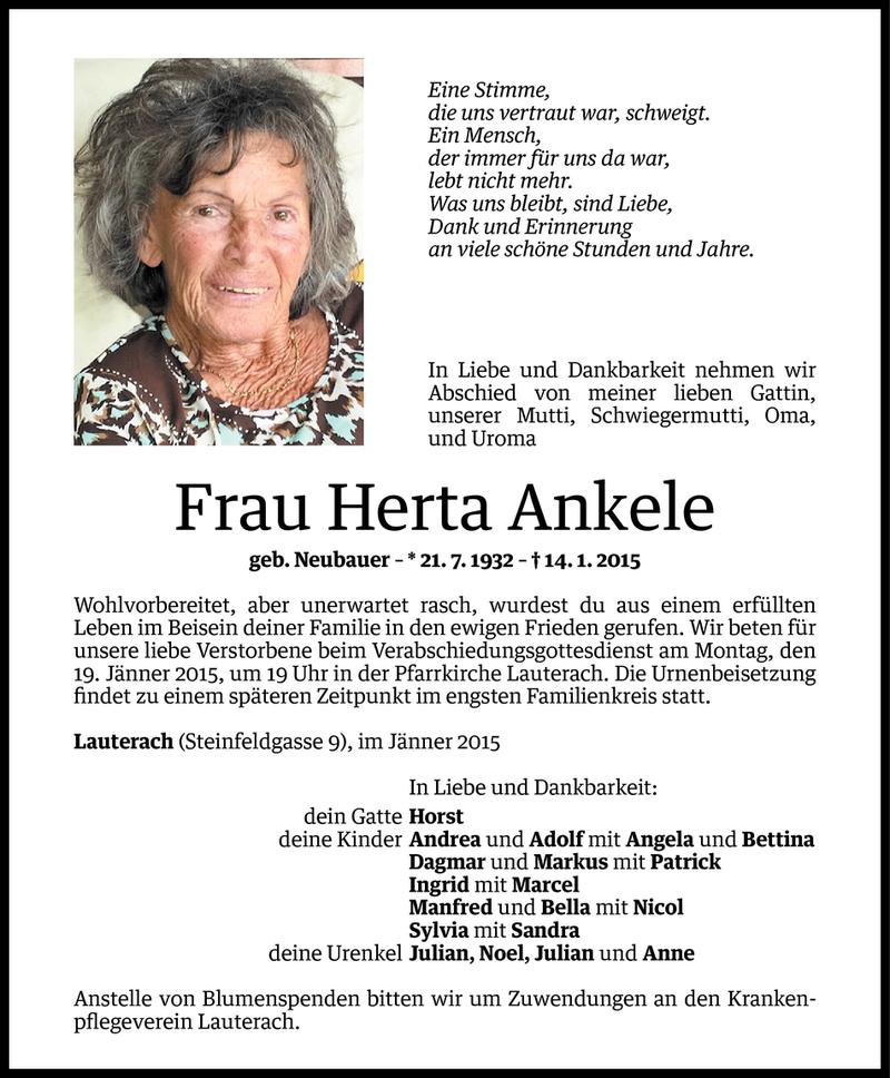  Todesanzeige für Herta Ankele vom 16.01.2015 aus Vorarlberger Nachrichten