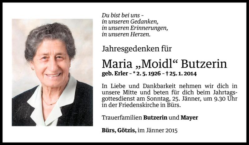  Todesanzeige für Maria Butzerin vom 16.01.2015 aus Vorarlberger Nachrichten