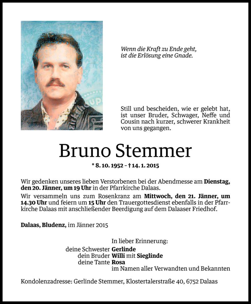  Todesanzeige für Bruno Stemmer vom 17.01.2015 aus Vorarlberger Nachrichten