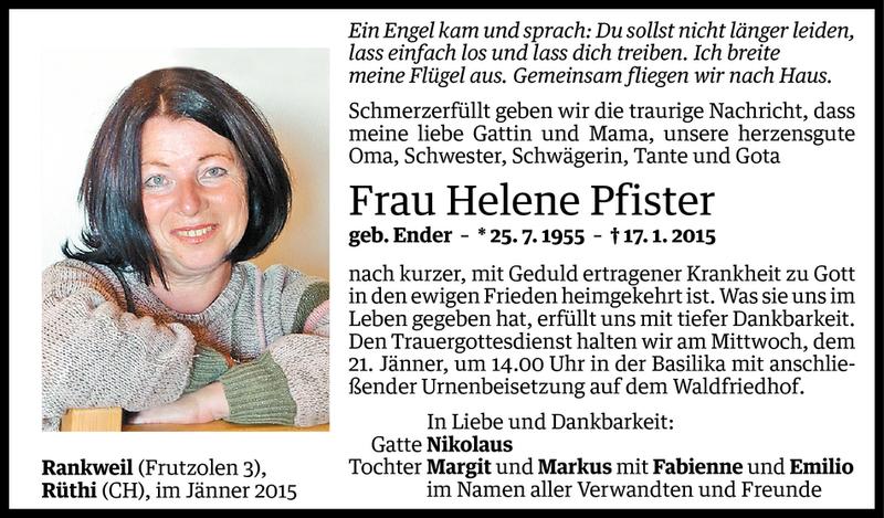  Todesanzeige für Helene Pfister vom 19.01.2015 aus Vorarlberger Nachrichten