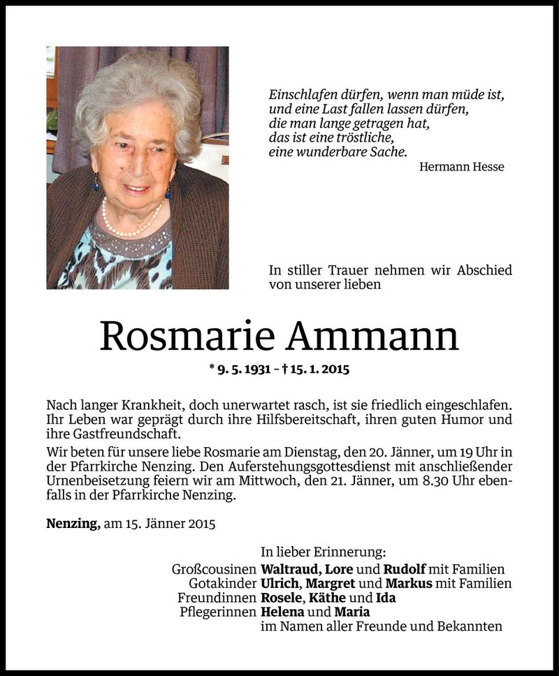  Todesanzeige für Rosmarie Ammann vom 18.01.2015 aus Vorarlberger Nachrichten