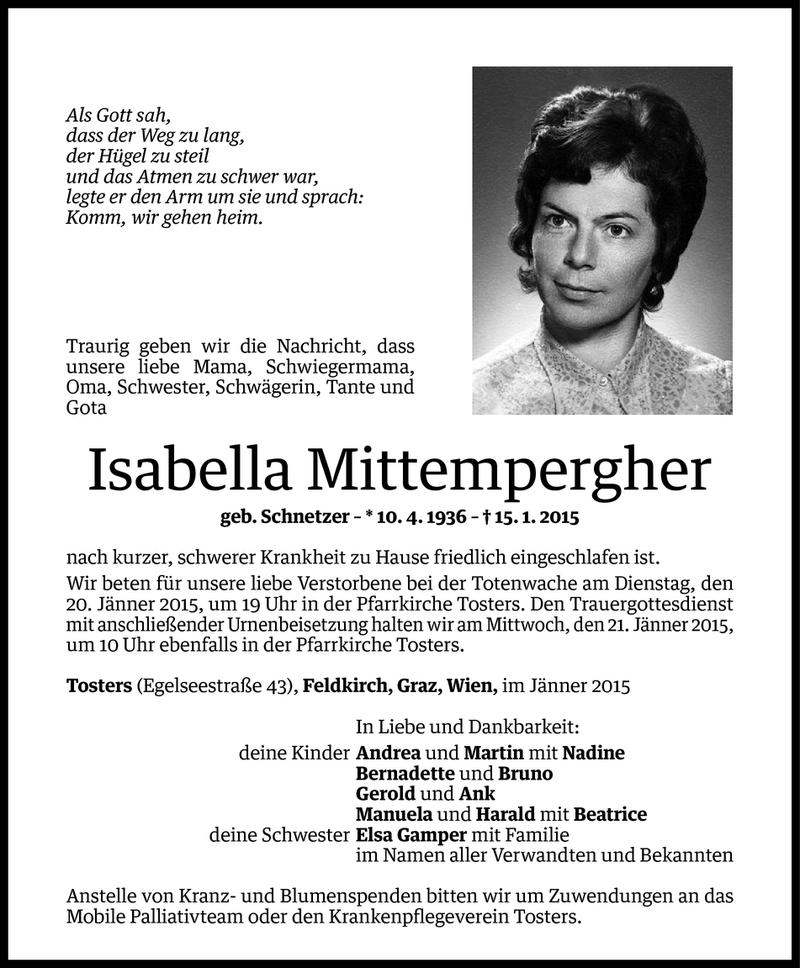  Todesanzeige für Isabella Mittempergher vom 18.01.2015 aus Vorarlberger Nachrichten