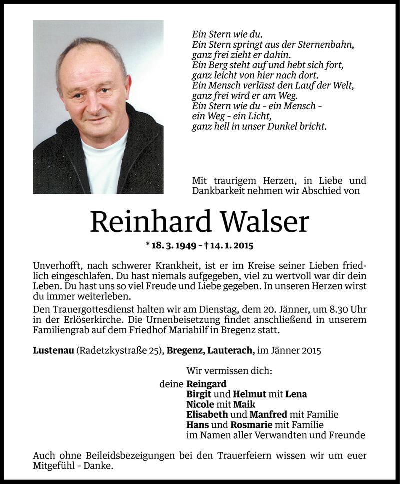  Todesanzeige für Reinhard Walser vom 18.01.2015 aus Vorarlberger Nachrichten