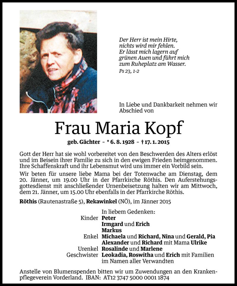  Todesanzeige für Maria Kopf vom 19.01.2015 aus Vorarlberger Nachrichten