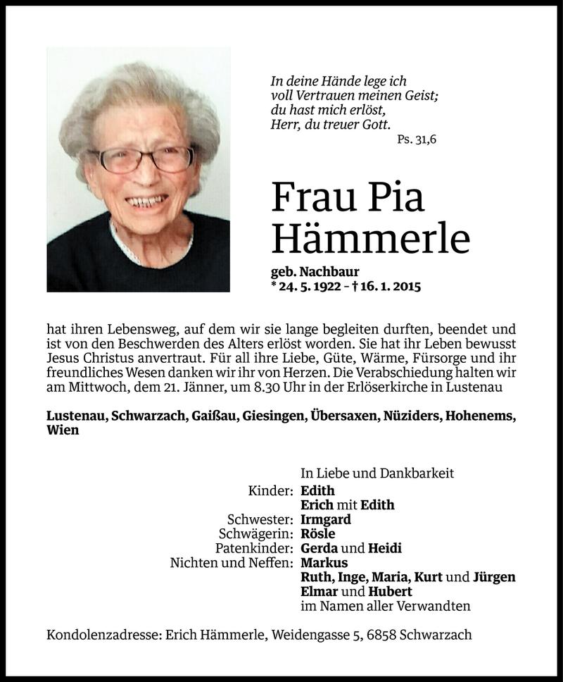  Todesanzeige für Pia Hämmerle vom 18.01.2015 aus Vorarlberger Nachrichten