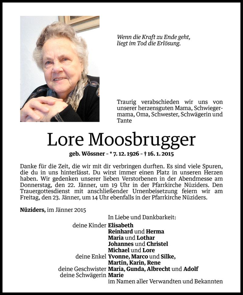  Todesanzeige für Lore Moosbrugger vom 20.01.2015 aus Vorarlberger Nachrichten