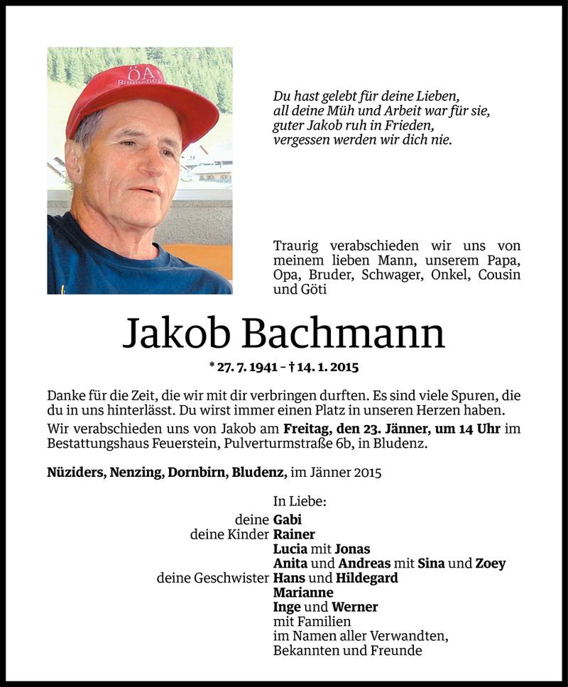  Todesanzeige für Jakob Bachmann vom 21.01.2015 aus Vorarlberger Nachrichten