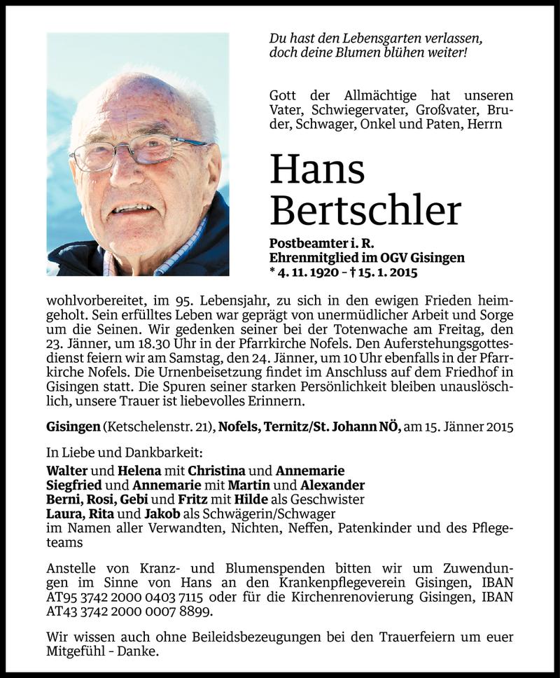  Todesanzeige für Hans Bertschler vom 20.01.2015 aus Vorarlberger Nachrichten