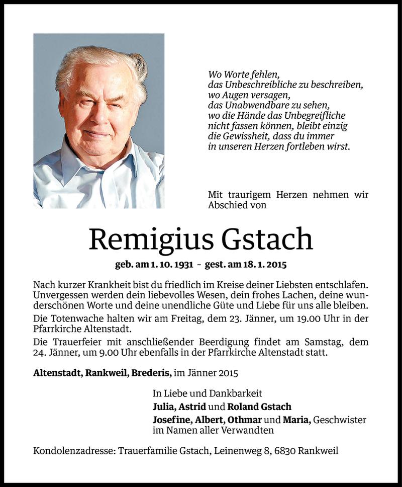  Todesanzeige für Remigius Gstach vom 20.01.2015 aus Vorarlberger Nachrichten