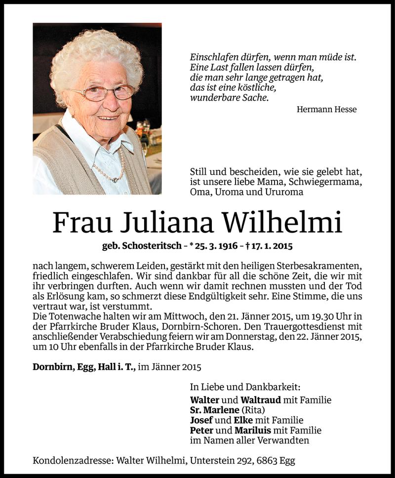  Todesanzeige für Juliana Wilhelmi vom 19.01.2015 aus Vorarlberger Nachrichten