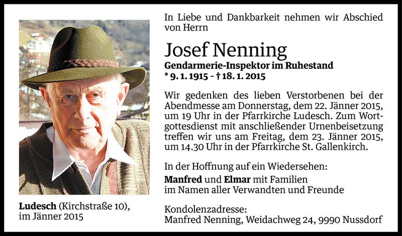  Todesanzeige für Josef Nenning vom 19.01.2015 aus Vorarlberger Nachrichten