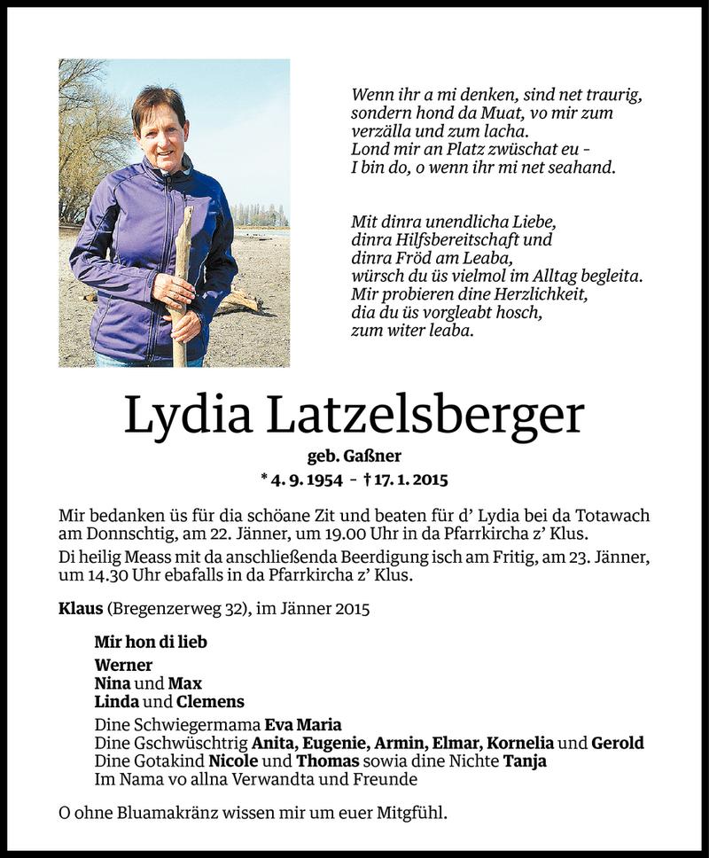  Todesanzeige für Lydia Latzelsberger vom 20.01.2015 aus Vorarlberger Nachrichten