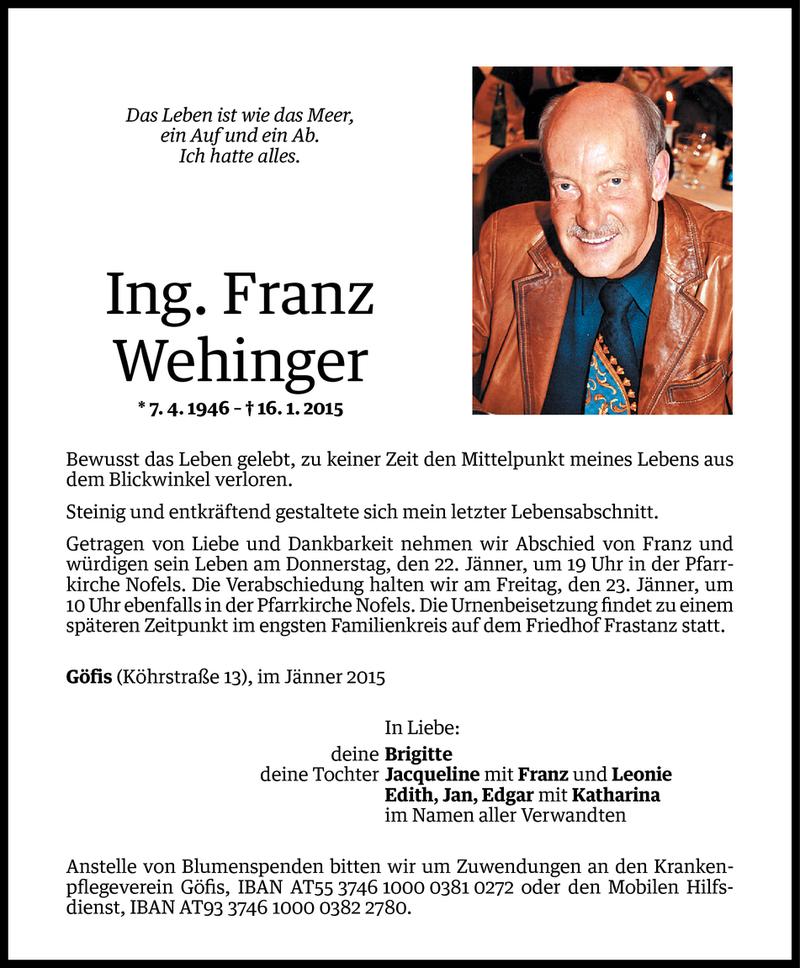  Todesanzeige für Franz Wehinger vom 19.01.2015 aus Vorarlberger Nachrichten