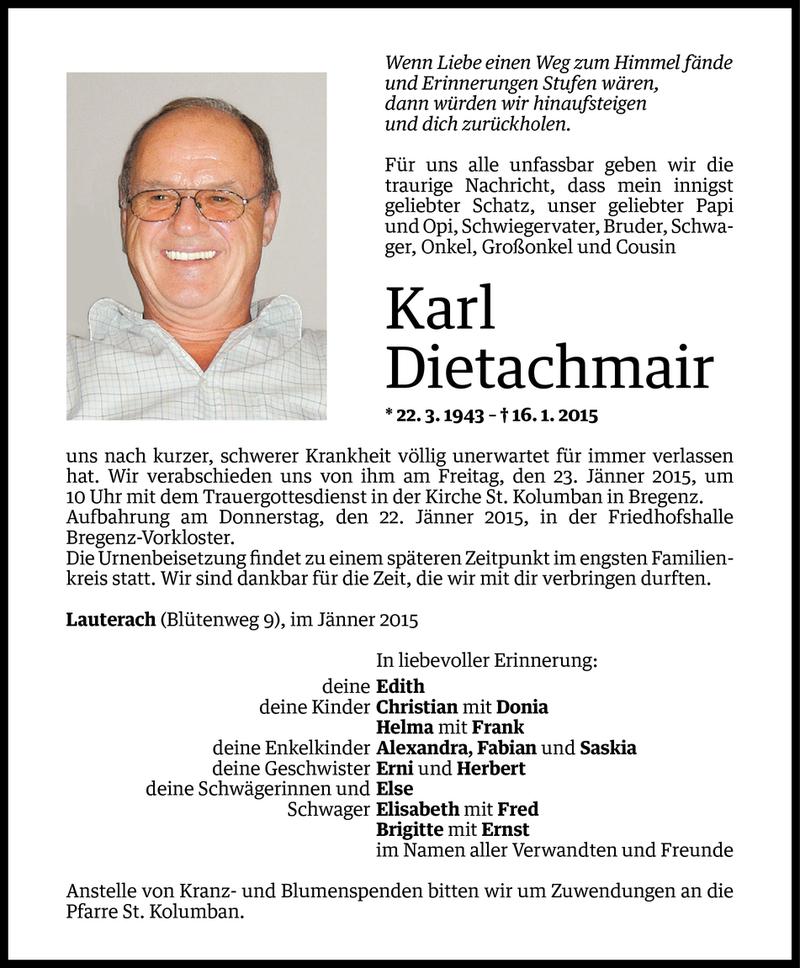  Todesanzeige für Karl Dietachmair vom 20.01.2015 aus Vorarlberger Nachrichten