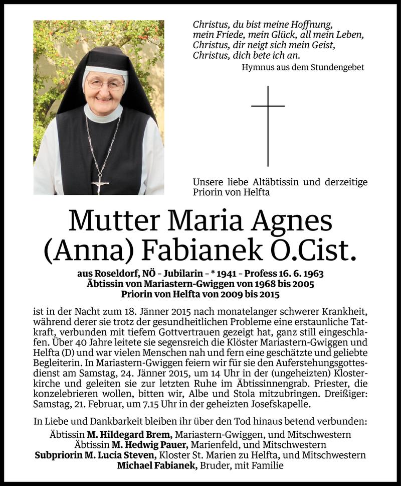  Todesanzeige für Maria Agnes Fabianek vom 21.01.2015 aus Vorarlberger Nachrichten