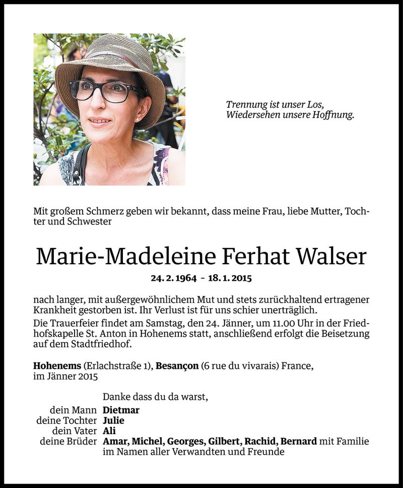  Todesanzeige für Marie-Madeleine Ferhat Walser vom 21.01.2015 aus Vorarlberger Nachrichten