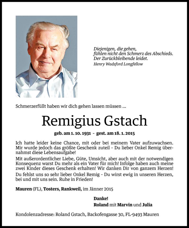  Todesanzeige für Remigius Gstach vom 21.01.2015 aus Vorarlberger Nachrichten