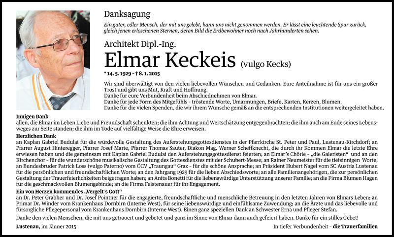  Todesanzeige für Elmar Keckeis vom 20.01.2015 aus Vorarlberger Nachrichten