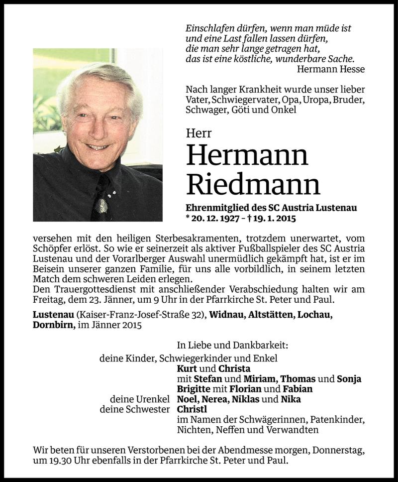  Todesanzeige für Hermann Riedmann vom 20.01.2015 aus Vorarlberger Nachrichten