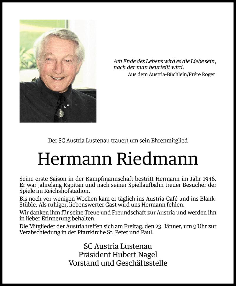  Todesanzeige für Hermann Riedmann vom 21.01.2015 aus Vorarlberger Nachrichten