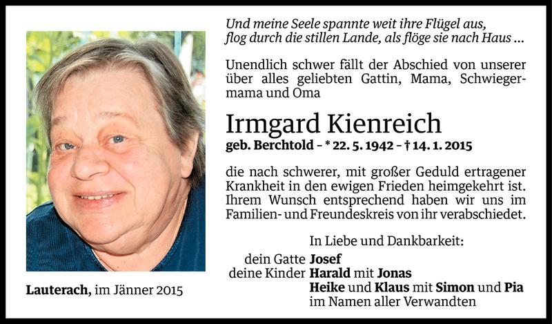  Todesanzeige für Irmgard Kienreich vom 22.01.2015 aus Vorarlberger Nachrichten