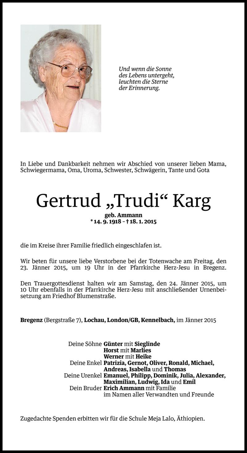  Todesanzeige für Gertrud Karg vom 21.01.2015 aus Vorarlberger Nachrichten