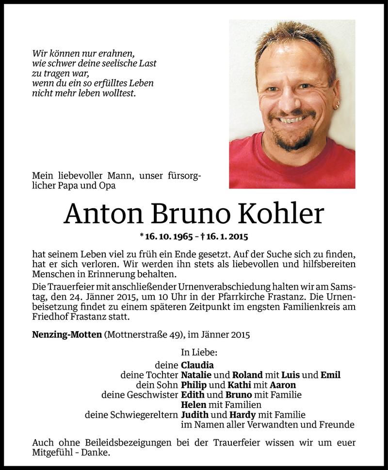  Todesanzeige für Anton Bruno Kohler vom 21.01.2015 aus Vorarlberger Nachrichten