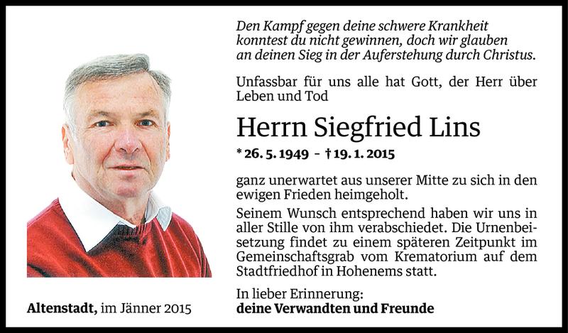  Todesanzeige für Siegfried Lins vom 23.01.2015 aus Vorarlberger Nachrichten