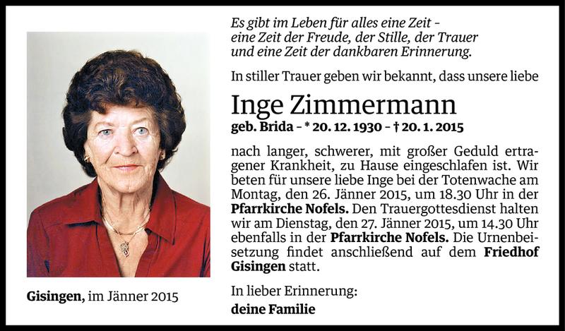  Todesanzeige für Inge Zimmermann vom 22.01.2015 aus Vorarlberger Nachrichten