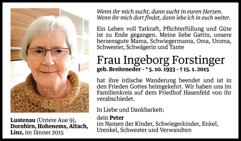  Todesanzeige für Ingeborg Forstinger vom 23.01.2015 aus Vorarlberger Nachrichten