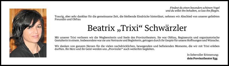  Todesanzeige für Beatrix Schwärzler vom 22.01.2015 aus Vorarlberger Nachrichten