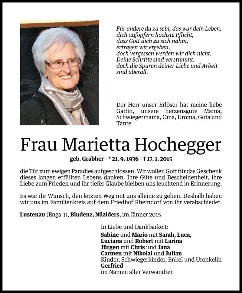  Todesanzeige für Marietta Hochegger vom 23.01.2015 aus Vorarlberger Nachrichten