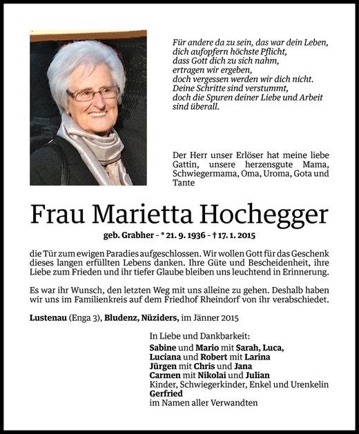 Todesanzeige von Marietta Hochegger von Vorarlberger Nachrichten