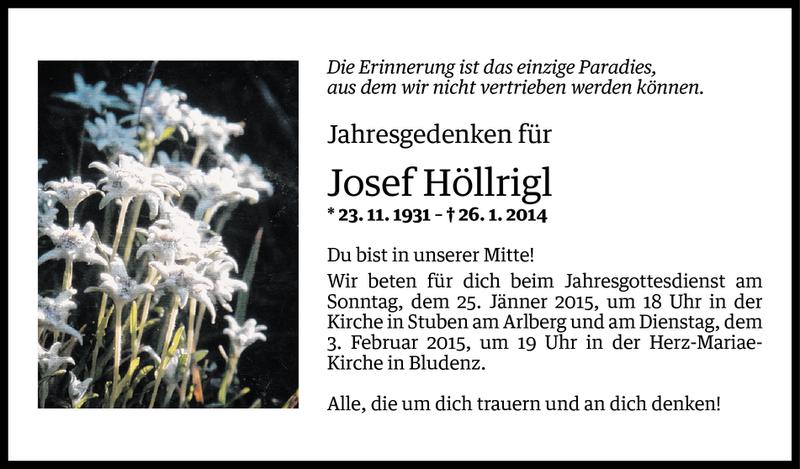  Todesanzeige für Josef Höllrigl vom 24.01.2015 aus Vorarlberger Nachrichten