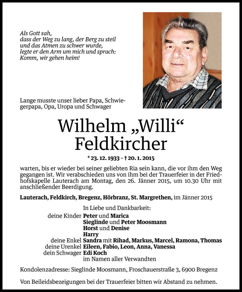  Todesanzeige für Wilhelm Feldkircher vom 23.01.2015 aus Vorarlberger Nachrichten