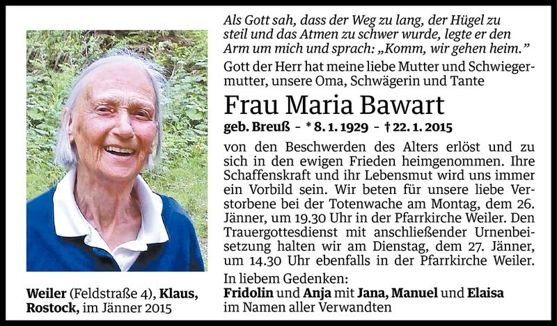  Todesanzeige für Maria Bawart vom 24.01.2015 aus Vorarlberger Nachrichten