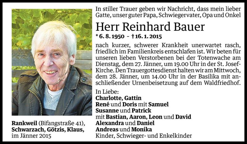  Todesanzeige für Reinhard Bauer vom 26.01.2015 aus Vorarlberger Nachrichten