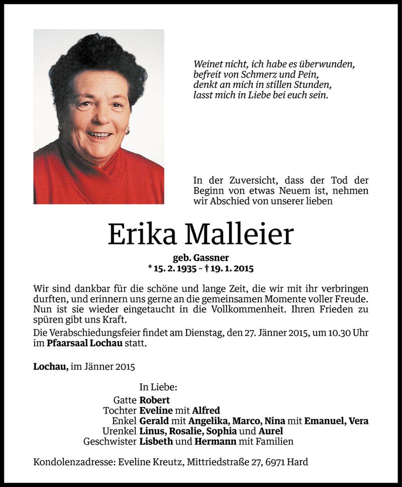  Todesanzeige für Erika Malleier vom 23.01.2015 aus Vorarlberger Nachrichten