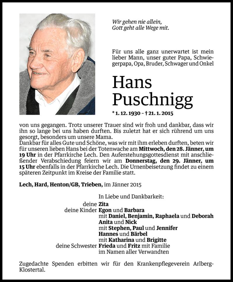  Todesanzeige für Hans Puschnigg vom 24.01.2015 aus Vorarlberger Nachrichten