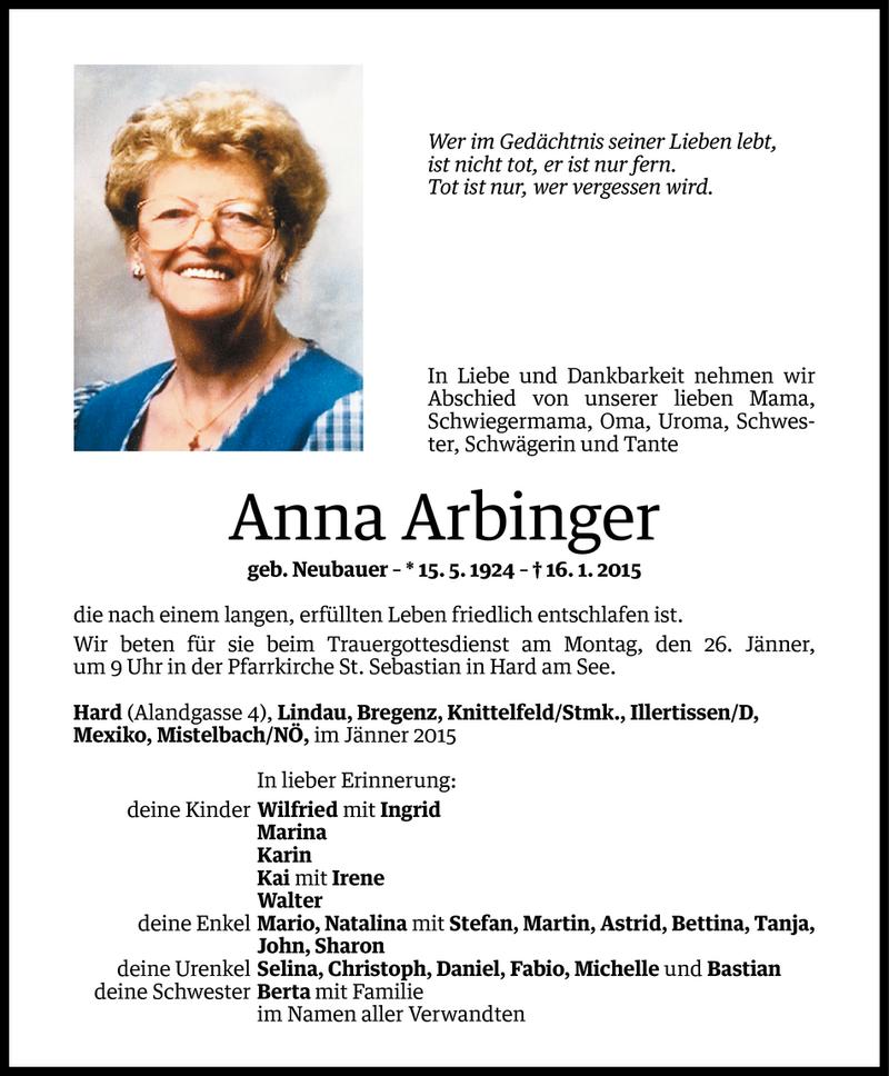  Todesanzeige für Anna Arbinger vom 23.01.2015 aus Vorarlberger Nachrichten