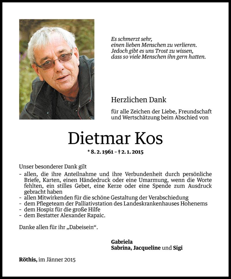  Todesanzeige für Dietmar Kos vom 23.01.2015 aus Vorarlberger Nachrichten