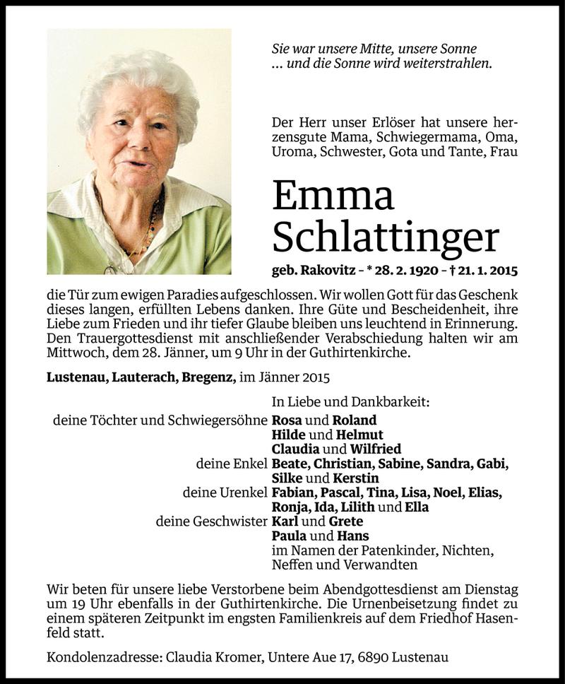  Todesanzeige für Emma Schlattinger vom 23.01.2015 aus Vorarlberger Nachrichten