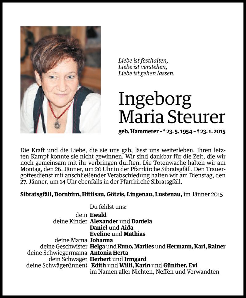  Todesanzeige für Ingeborg Maria Steurer vom 23.01.2015 aus Vorarlberger Nachrichten