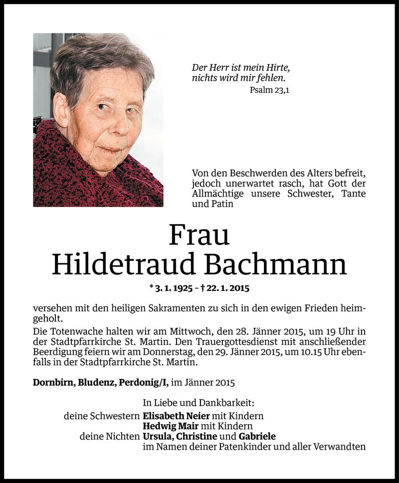  Todesanzeige für Hildetraud Bachmann vom 25.01.2015 aus Vorarlberger Nachrichten